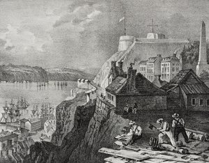 Uitzicht op Quebec City, Canada, lithografie door Salvatore Puglia uit Poliorama Pittoresco, nr. 46, 24 juni