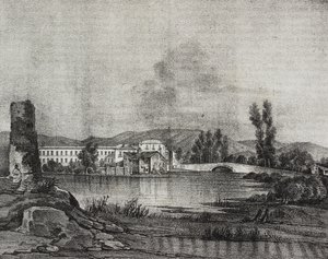 Uitzicht op Santa Restituta fabriek en kerk aan de oevers van de Fibreno-rivier in Cornello, Lazio, Italië, lithografie door Salvatore Puglia naar tekening van Raffaele Carelli, uit Poliorama Pittoresco, nr. 16, 26 november door Salvatore Puglia