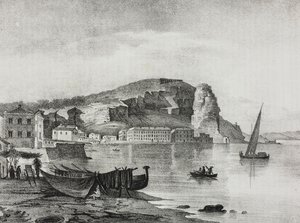 Uitzicht op Terracina, Lazio, Italië, lithografie door Salvatore Puglia uit Poliorama Pittoresco, nr. 22, 8 januari door Salvatore Puglia
