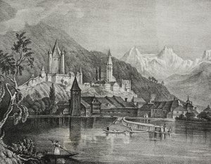 Uitzicht op Thun, Kanton Bern, Zwitserland, lithografie door Salvatore Puglia uit Poliorama Pittoresco, nr. 35, 9 april door Salvatore Puglia