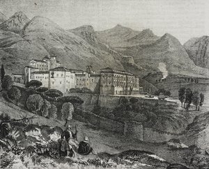Uitzicht op klooster van San Martino delle Scale bij Palermo, Sicilië, Italië, lithografie door Salvatore Puglia uit Poliorama Pittoresco, nr. 47, 2 juli door Salvatore Puglia