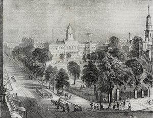 Uitzicht op park en stadhuis van New York, Verenigde Staten van Amerika, lithografie door Salvatore Puglia uit Poliorama Pittoresco, nr. 24, 22 januari door Salvatore Puglia