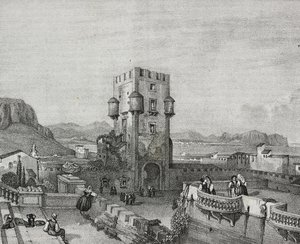Villa van de Prins van Butera in Bagheria, Palermo, Sicilië, lithografie door Salvatore Puglia uit Poliorama Pittoresco, nr. 3, 28 augustus