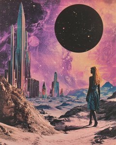 Vrouw in een kosmisch stadslandschap