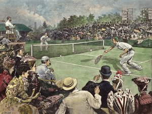 Het Lawn Tennis Kampioenschap op Wimbledon 1891, de heren W Baddeley en J Pim strijdend voor de Finale (ingekleurde gravure)