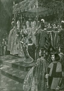 De overhandiging van de sporen en het zwaard bij de kroning van Hendrik VI (litho)
