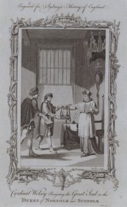 Kardinaal Wolsey geeft de Grote Zegel over aan de Hertogen van Norfolk en Suffolk door Samuel (after) Wale