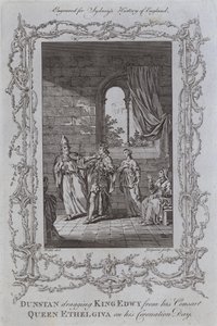 Dunstan sleept Koning Edwy weg van zijn Gemalin, Koningin Ethelgiva op zijn Kroningsdag door Samuel (after) Wale