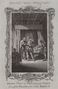 Henry Prins van Wales neemt de kroon van het kussen van zijn vader Henry IV (gravure)