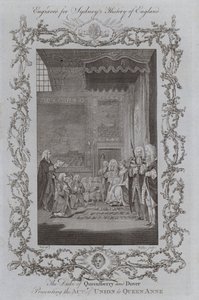 De hertog van Queensberry en Dover presenteert de Act of Union aan koningin Anne (gravure)