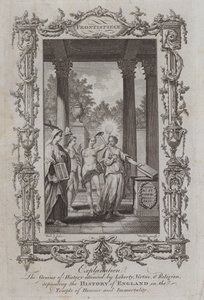 De Geest van de Geschiedenis vergezeld door Vrijheid, Deugd en Religie, die de Geschiedenis van Engeland in de Tempel van Eer en Onsterfelijkheid plaatst