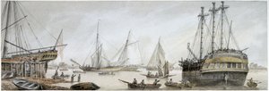 Een Indiaman-schip gereed voor reparaties op de Theems, met een beschrijving van de gewone activiteiten van de Koninklijke Scheepswerven in Deptford