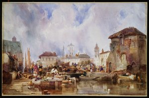 De markt op de kade, Brugge door Samuel Austin