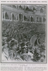 Vrouwen en oorlogsarbeid: de koningin bij de bijeenkomst in de Albert Hall