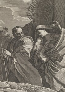 De vlucht naar Egypte, de Maagd draagt het kind Christus, Jozef wijst naar..., ca. 1635-57 door Samuel Bernard
