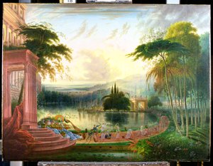 Een Romantisch Landschap met de Aankomst van de Koningin van Sheba, ca. 1830