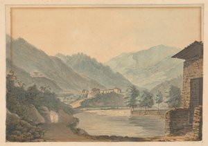 Bergachtig landschap met gebouwen en rivier door Samuel Davis