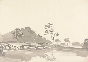 Rivierscène met een Fort op een Heuvel in de Verte