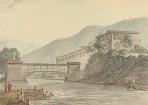 Uitzicht op Tashichoedzong, Bhutan en Voetbrug door Samuel Davis