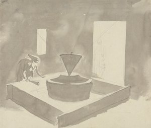 Vrouw die een apparaat bedient (meelmolen?) door Samuel Davis