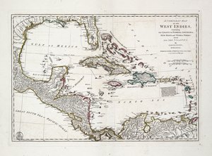 Een complete kaart van West-Indië met de kusten van Florida, Louisiana, Nieuw-Spanje en Terra Firma met alle eilanden door Samuel Dunn