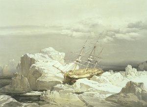 Kritieke positie van H.M.S. Investigator aan de noordkust van Baring Island, 20 augustus 1851, gegraveerd door William Simpson, gepubliceerd door Ackermann und Co., 1854 door Samuel Gurney Cresswell