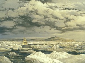 Eerste ontdekking van land door HMS Investigator, 6 september 1850, gegraveerd door E. Walker, 1854