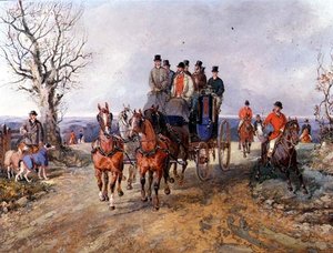 Een koets en vier paarden op de open weg