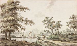Een Rivier met Zeilboten en een Paard en Kar