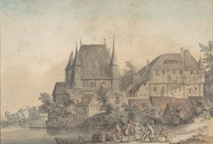 Uitzicht op een dorp langs een rivier door Samuel Hieronymus Grimm