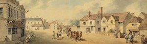 Een koets en vier paarden die door Chippenham, Wiltshire rijden