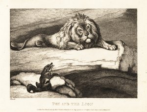 Een vos die dwaas een mannelijke leeuw in zijn hol nadert. 1811 door Samuel Howitt