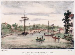 Stourport-on-Severn, Worcestershire, vanaf onder de brug, ca. 1795 door Samuel Ireland