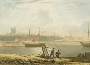 Zicht over de drijvende haven met de kathedraal en stadskerken, ca. 1825