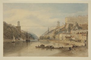 Uitzicht op de Avon bij Hotwells: De voorgestelde hangbrug, ca. 1836 door Samuel Jackson