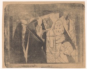 Fantasie: diverse figuren, de tweede van links een vrouw met gespikkeld gelaat in profiel naar rechts door Samuel Jessurun de Mesquita (signed by artist)