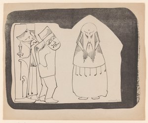Fantasie: links drie figuren naar rechts, rechts een frontale Chineesachtige gestalte door Samuel Jessurun de Mesquita (signed by artist)