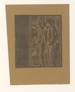Twee mannen bij figuur met gesloten ogen door Samuel Jessurun de Mesquita (signed by artist)