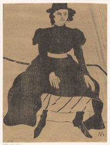 Zittende vrouw met hoed en in zwarte jurk, de handen op de knieën door Samuel Jessurun de Mesquita (signed by artist)