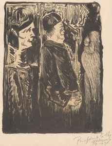 Fantasie: links twee figuren met mutsen op naar rechts, rechts een ingekraste verschijning met verenkleed door Samuel Jessurun de Mesquita
