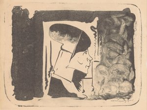 Fantasie: profielkop naar rechts in een witte rechthoek, omgeven door zwart door Samuel Jessurun de Mesquita