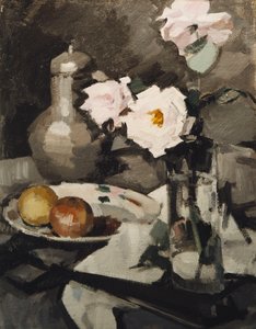 Roze rozen in een glazen vaas, ca. 1924 door Samuel John Peploe