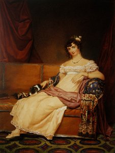 Lady Waterhouse zittend op een bank met haar spaniël