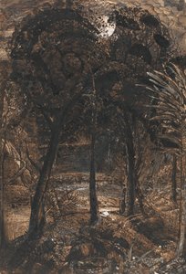 Een maanverlichte scène met een kronkelende rivier door Samuel Palmer