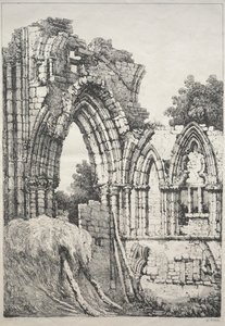Een reeks oude gebouwen en landelijke huisjes in het noorden van Engeland: In York, ruïnes, 1821 door Samuel Prout