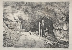 Een serie oude gebouwen en landelijke cottages in het noorden van Engeland: Peak Cavern, 1821 door Samuel Prout