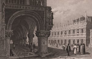Verkorting van de arcade van het Dogepaleis (Palazzo Ducale) met uitzicht op het San Marcoplein en het Bibliotheekpaleis, Venetië, Veneto, Italië, staalgravure naar een tekening van Samuel Prout (1783-1852) door Samuel Prout