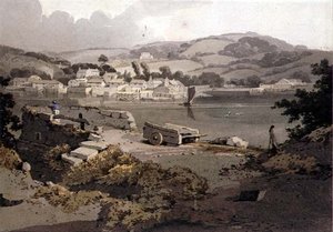 Landschap, met Rivier en Dorp door Samuel Prout