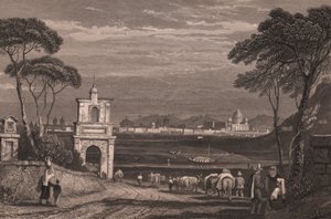 Rome met de koepel van de Sint-Pietersbasiliek aan de rechterkant, Lazio, Italië, staalgravure naar tekening van Samuel Prout, circa 15x115 cm