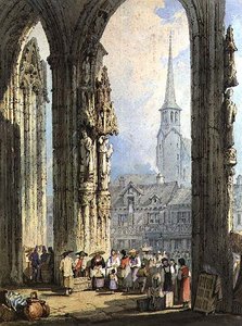 Scène vanuit een Kerkportaal